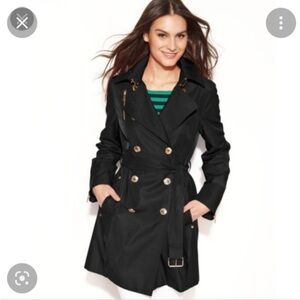 Michael Kors Black Double-Breasted Trench Coat with Gold Buttons